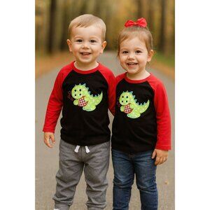 Toddler's Dinosaur Raglan Shirt - Red & Black - Cute Dino Design - Long Sleeve 5